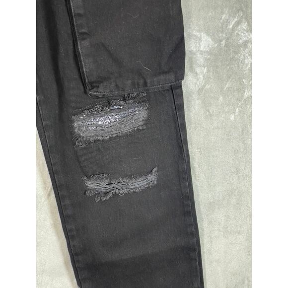 MAN BOOHOOMAN Men's Black Distressed Stretch Popper Hem Cargo Jeans SZ 36 - Picture 6 of 15